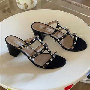 Valentino Black Leather Rockstud Block-Heel Slide Sandals